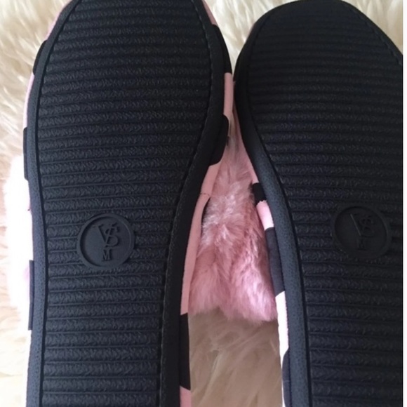 Victoria's Secret Signature Satin Slipper Pink Black Polka Dot with Faux Fur M - Picture 5 of 5